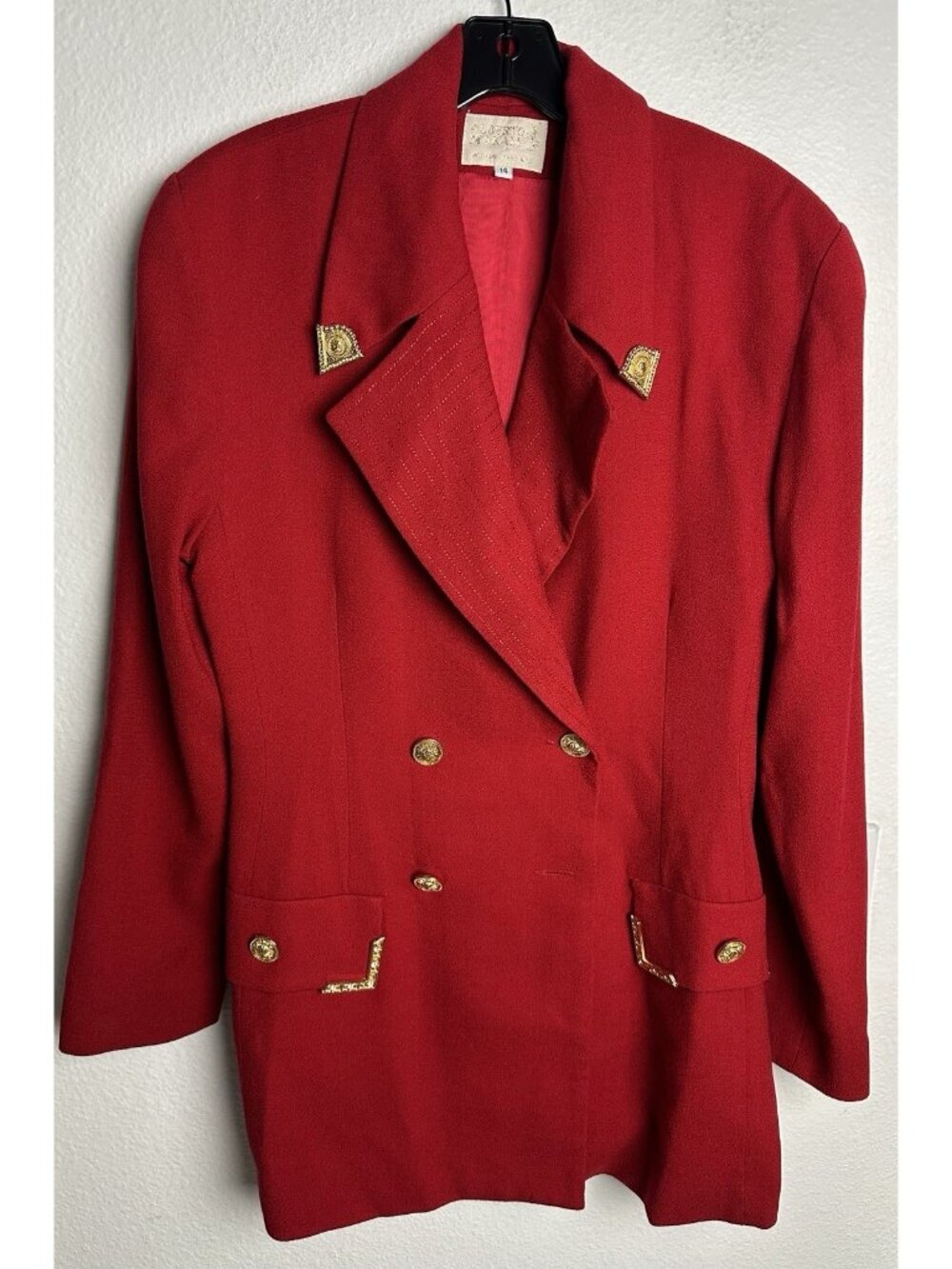 VTG Alberto Makali Red Power Blazer Jacket Gold Greek Key Lion Sunburst Size 14 - Picture 2 of 14